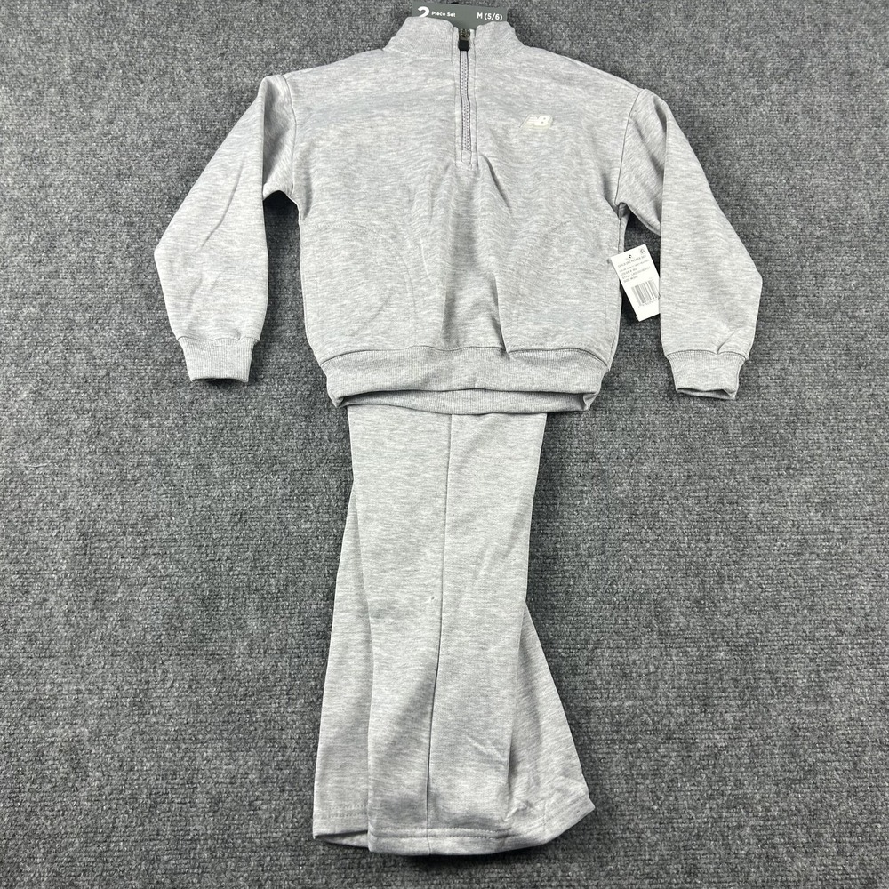 New Balance Fleece Sweatsuit Set Girls 5/6 Gray 2 Piece Quarter Zip Pants Outfit - Picture 1 of 9
